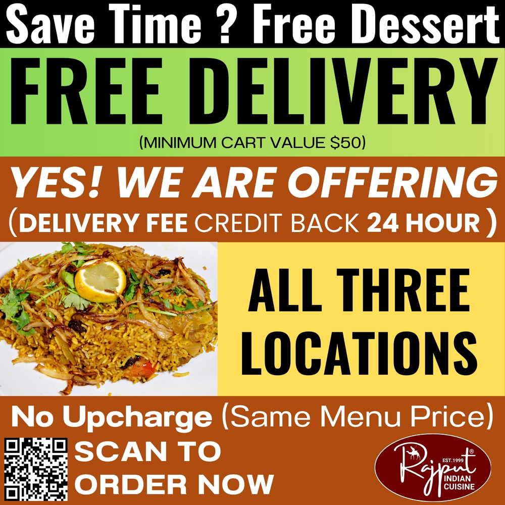 rajput offering free delivery on all three location in virginia