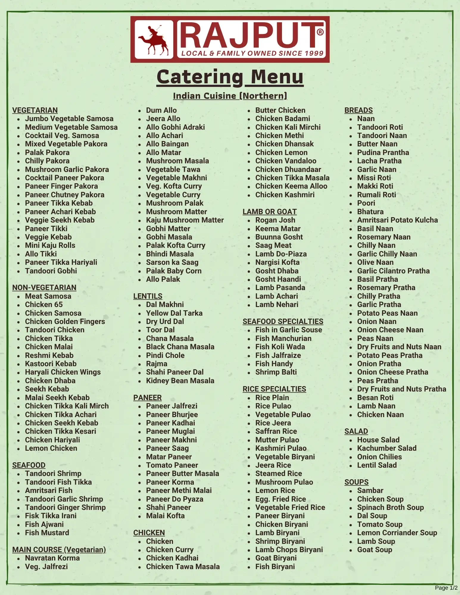 Rajput Indian Cuisine Catering Menu
