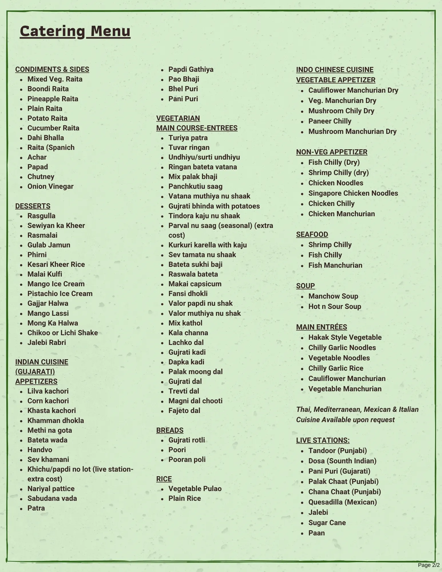 Rajput Indian Cuisine Catering Menu